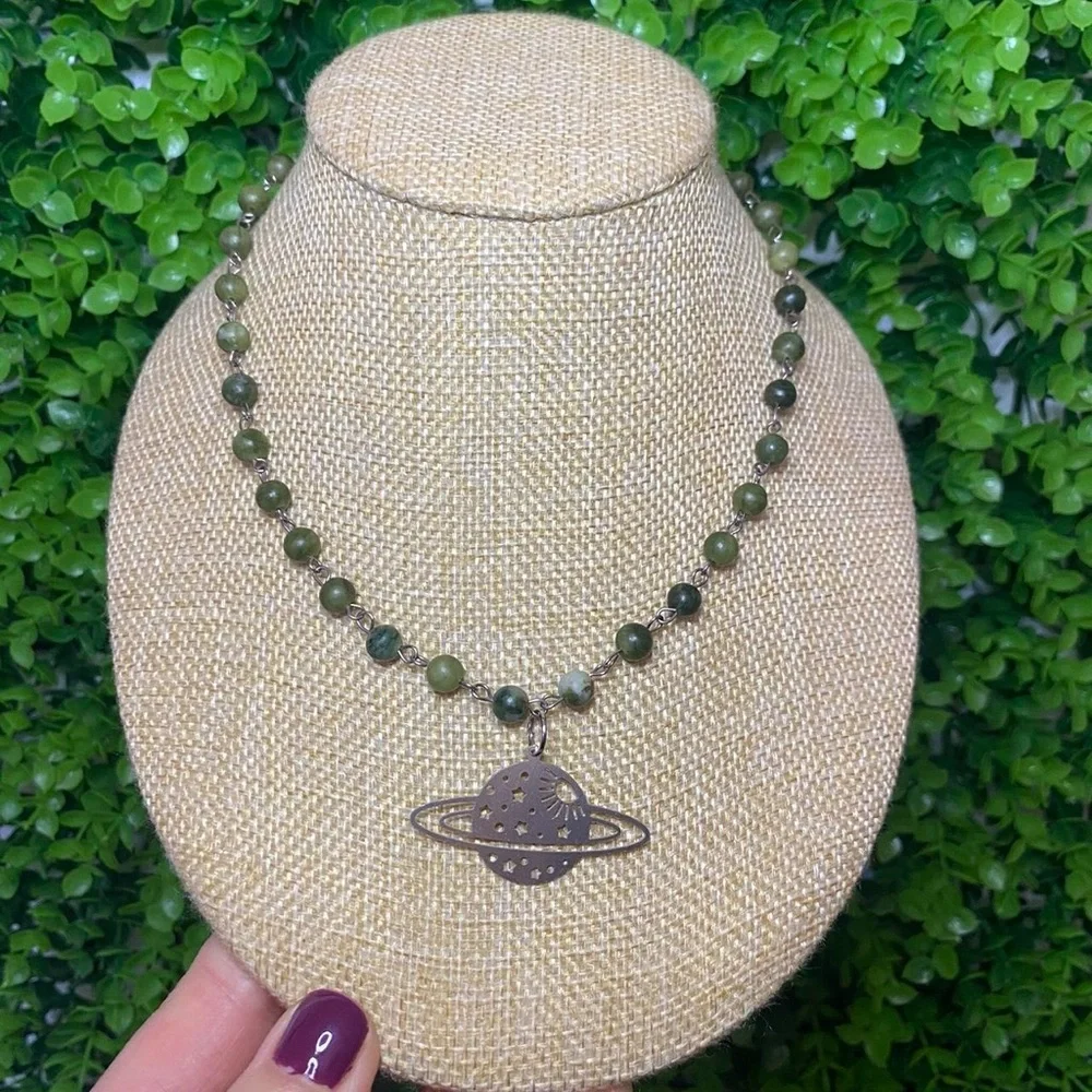 Green Jade Necklace with Planet Pendant